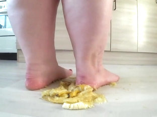 A Big Mature Woman, Bbw, Smash A Banana With Bare Feet, Heels. Crash Trampl