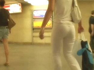 Hot White Candid Ass Covered In Tight White Denim Pants