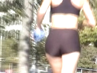 Tiny Tight Shorts And Top On The Candid Running Babe 01d