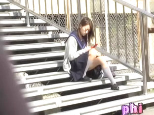 Asian Schoolgirl On A Break Got Skirt Sharked While Texting