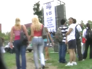 Sweet Ass Blonde Girls Get Followed By A Voyeur Cameraman On A Festival
