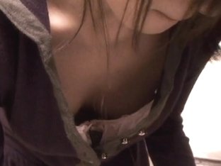 Asian candid down blouse video with brunette babe