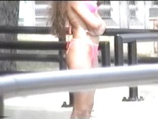 Tan Lined Booty Hiding Underneath Candid Pink Bikini 06zi