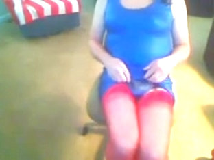 Blue Shiny Dress, Red Nylons, And Red High Heels Tease!