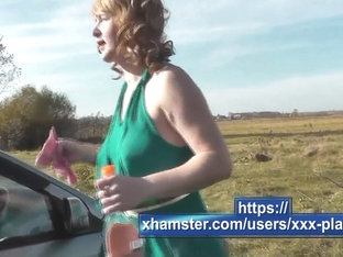 Milf Beautiful Sexy Blonde Outdoors On River Bank Washes Car Without Panties And Bra Under Dress. No Panties In Public