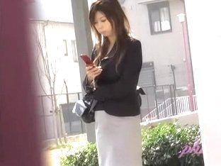 Busy Attractive Asian Hottie Is Typing Text Message During Instant Sharking