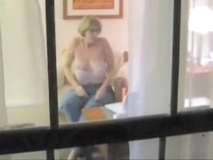 Naked Mature Woman Voyeured Masturbating Through Window