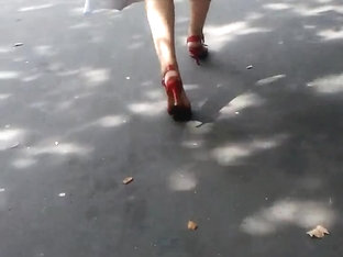 Blond Walking In The Street, White Dress, Red Heels