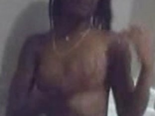 Black Chick Stuff A Huge Dildo In Her Pussy In The Bathroom