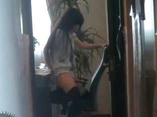 Bitch Rubs Her Asian Cunt On The Chair's Handle In Spy Video
